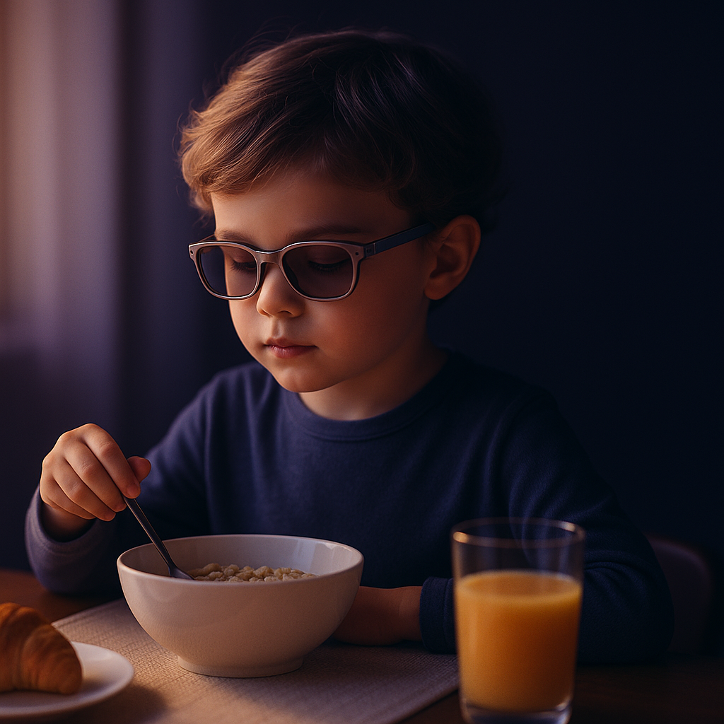 A child wearing Sovra glasses during an ordinary morning