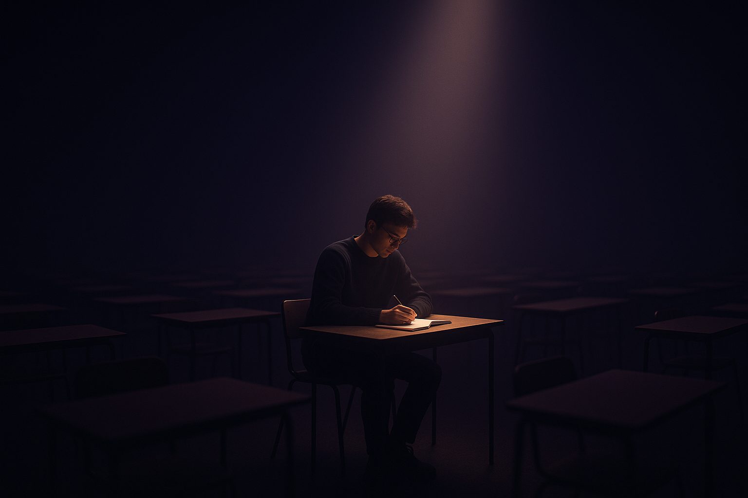 A lone student under a spotlight in a dark exam hall