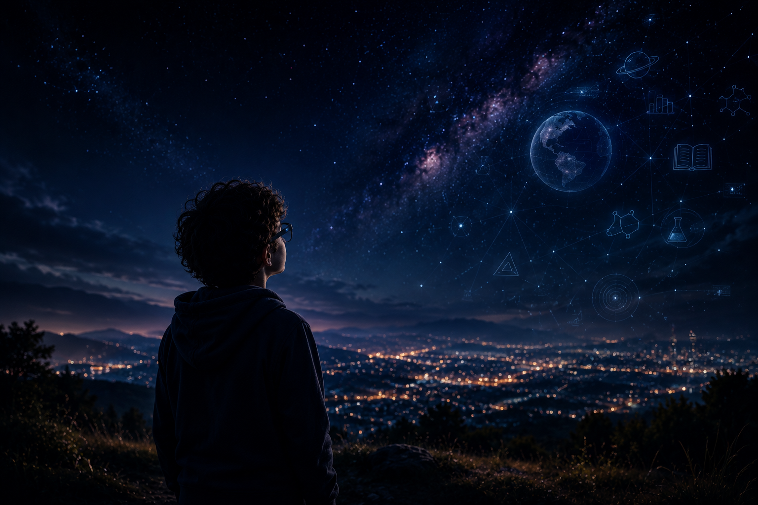 A young learner gazing at a cosmos of knowledge
