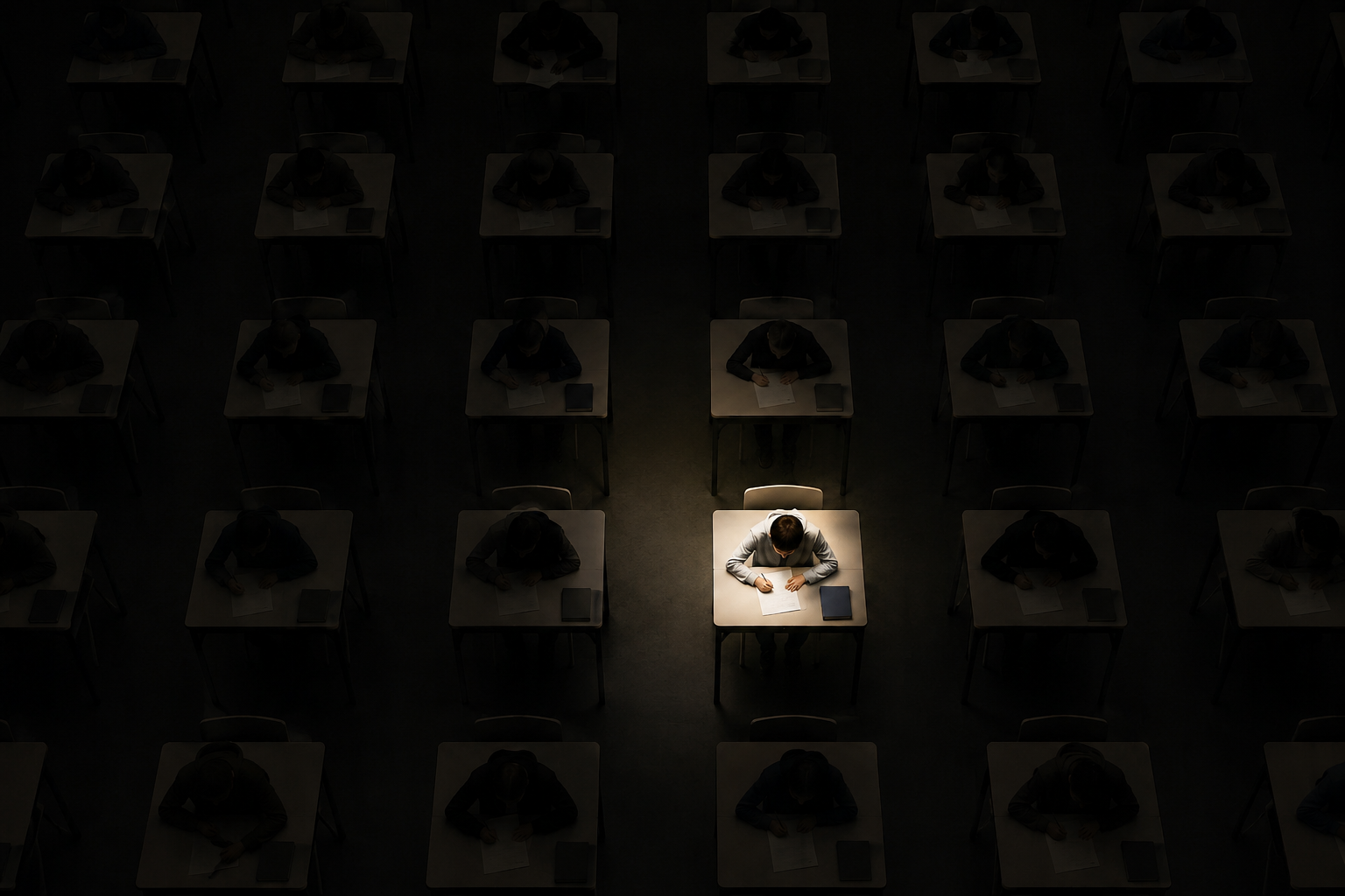 A lone student under a spotlight in a dark exam hall
