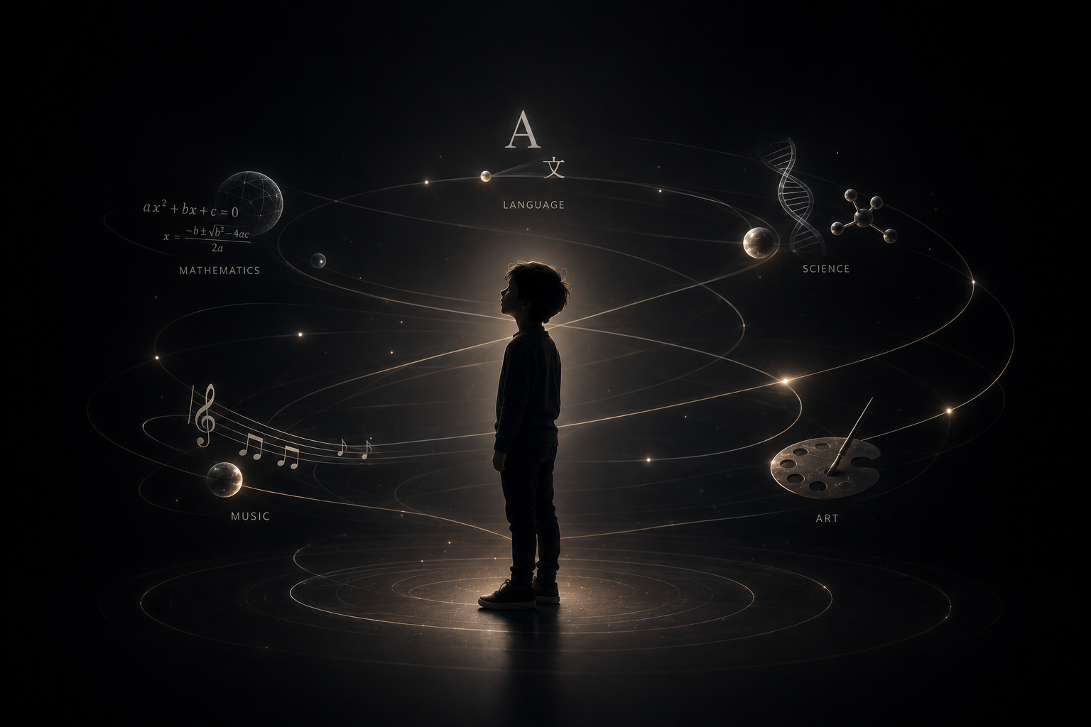 A child surrounded by an orbit of subjects to explore