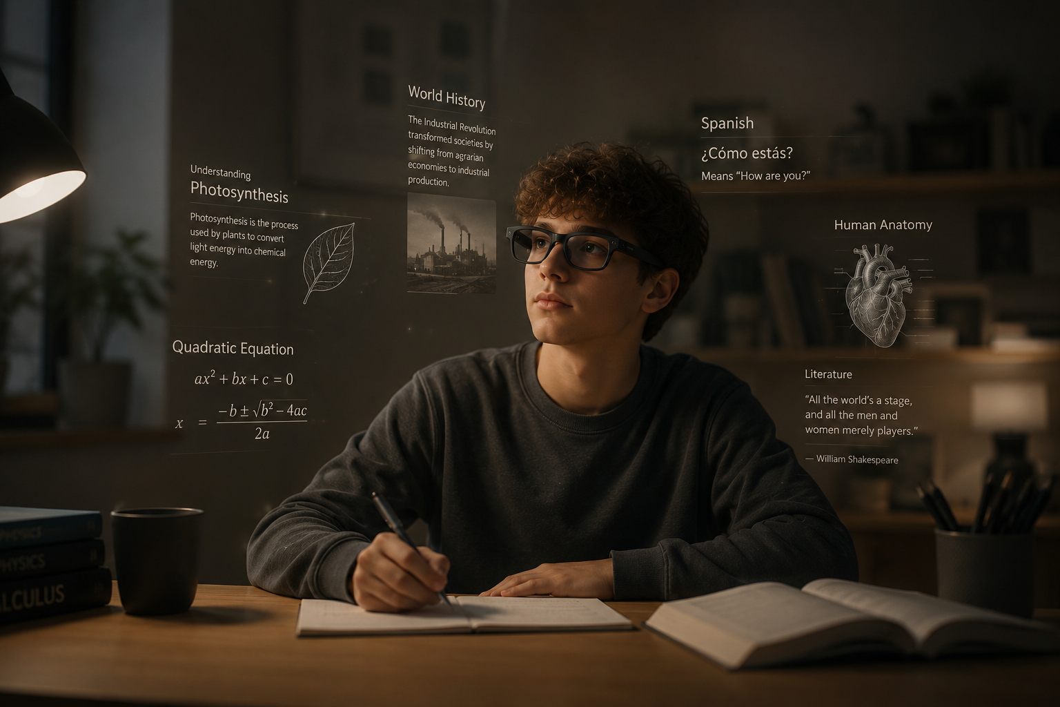 A learner studying with augmented explanations in view